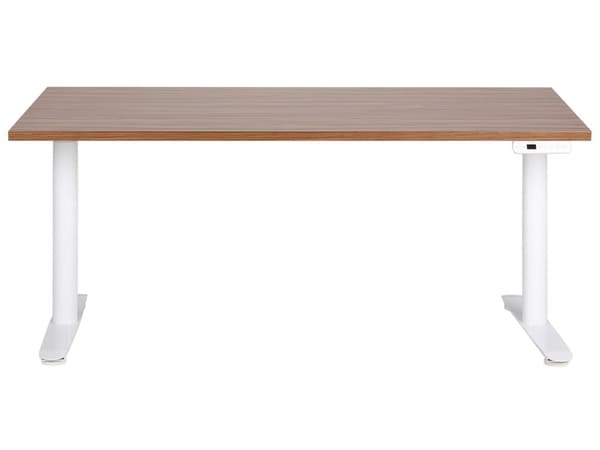 Elektrisk justerbart skrivebord Mørk tre bordplate Hvit stålramme 160 x 72 cm Sitt og stå Runde føtter Moderne design