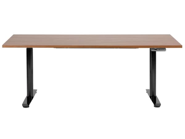 Elektrisk justerbart skrivebord Mørk tre bordplate Svart stålramme 180 x 80 cm Sitt- og ståbord Runde føtter Moderne design