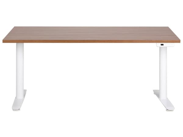 Elektriskt justerbart skrivbord Mörk träskiva Vit stålram 160 x 72 cm Sitt- och ståbord Runda fötter Modern design