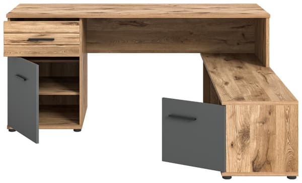 Mason skrivebord hjørne 2 låger, 1 skuffe, 2 hylder grå,eg dekor.