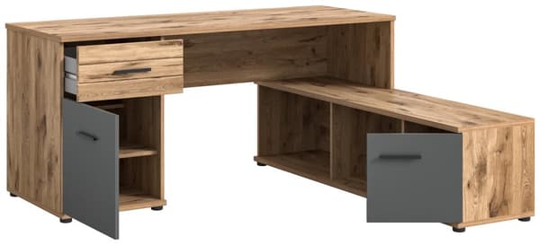 Mason skrivebord hjørne 2 låger, 1 skuffe, 2 hylder grå,eg dekor.