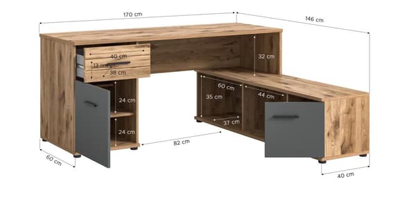 Mason skrivebord hjørne 2 låger, 1 skuffe, 2 hylder grå,eg dekor.