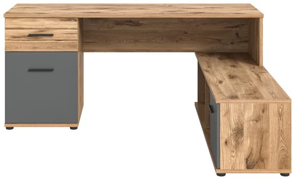 Mason skrivebord hjørne 2 låger, 1 skuffe, 2 hylder grå,eg dekor.