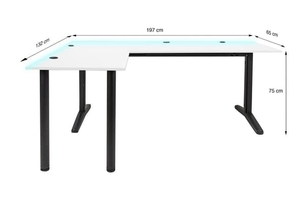 SyberDesk Gaming hjørne skrivebord V2 - 197 x 132 cm - Skrivebord med LED - USB HUB - Kabelstyringssystem i skrivebordsrammen - Gamingbord