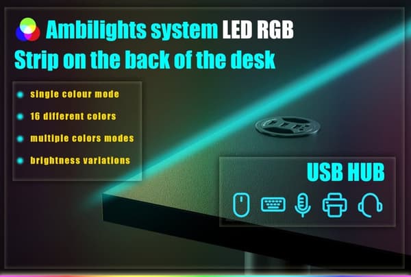 SyberDesk Gaming hörnskrivbord V2 - 197 x 132 cm - Skrivbord med LED - USB HUB - Kabelhanteringssystem i skrivbordsramen - spelbord