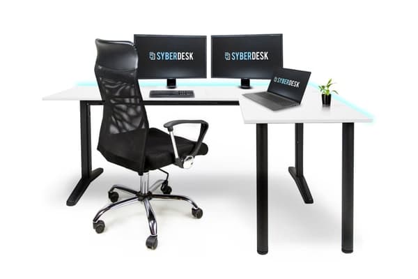 SyberDesk Gaming hörnskrivbord V2 - 197 x 132 cm - Skrivbord med LED - USB HUB - Kabelhanteringssystem i skrivbordsramen - spelbord