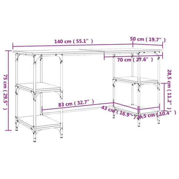 skrivebord 140x50x75 cm metal og konstrueret træ grå sonoma-eg