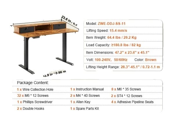 Stående skrivebord, elektrisk højdejusterbart, dobbelt beskyttelsessystem, 55,1x23,6 tommer 47.2x23.6 in shelves
