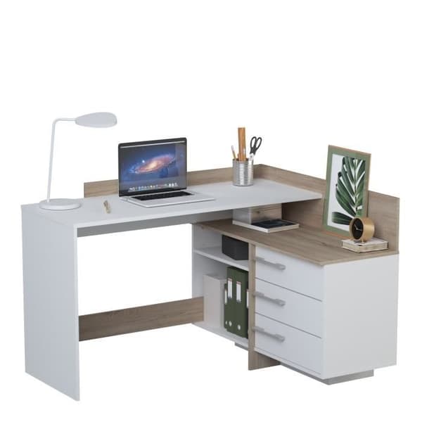 Hörnskrivbord med 3 lådor - Ek och vit dekor - L 128,5 x D 105,7 x H 83,2 cm - THALES