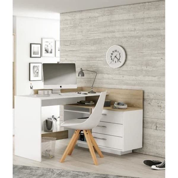 Hörnskrivbord med 3 lådor - Ek och vit dekor - L 128,5 x D 105,7 x H 83,2 cm - THALES