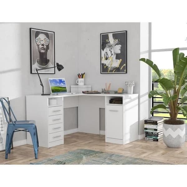TOLEDE Hörnskrivbord 1 dörr 4 lådor - Vit pappersdekor - L 125 x D 125 x H 75 cm