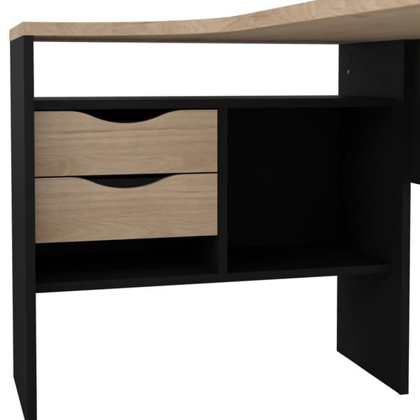 FunctionPlus skrivbord hörna 3 hyllor 2 lådor valnöt dekor svart matt.