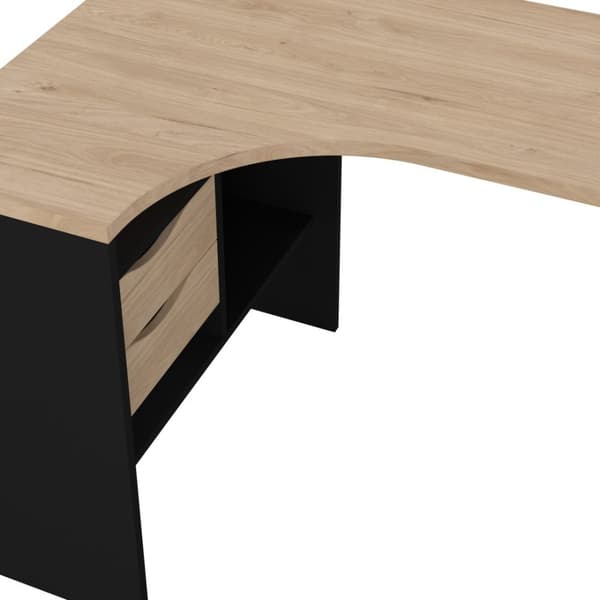 FunctionPlus skrivbord hörna 3 hyllor 2 lådor valnöt dekor svart matt.