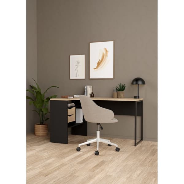 FunctionPlus skrivbord hörna 3 hyllor 2 lådor valnöt dekor svart matt.