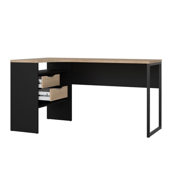 FunctionPlus skrivbord hörna 3 hyllor 2 lådor valnöt dekor svart matt.