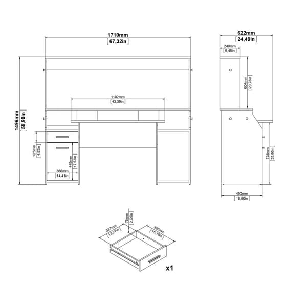 FunctionPlus skrivebord med reol hylder 1 låge 1 skuffe grå mat.
