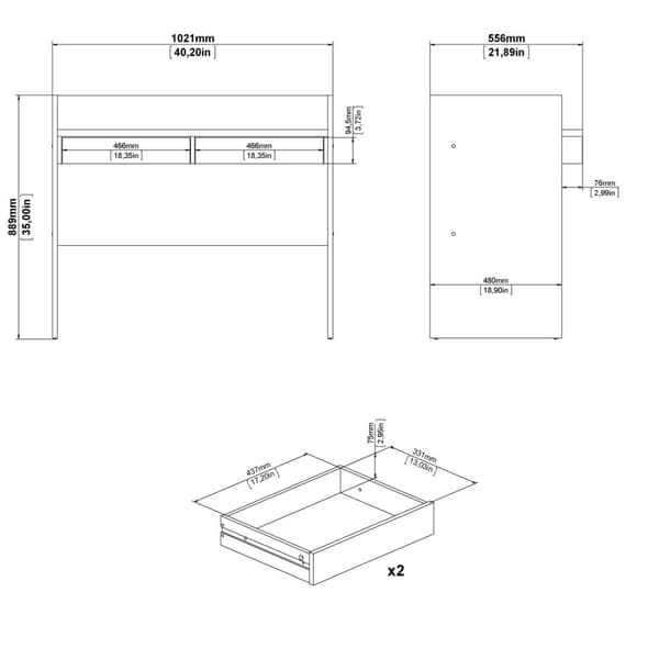 FunctionPlus skrivebord 2 skuffer valnøtt dekor hvit.