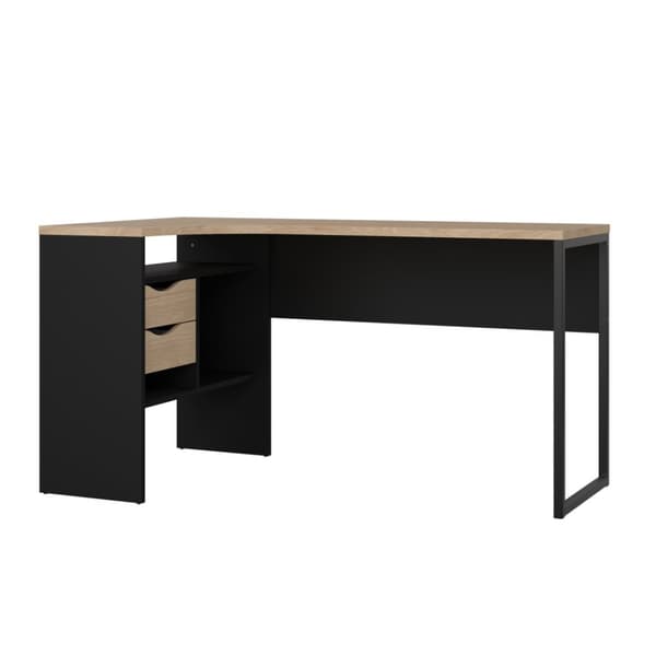 FunctionPlus skrivebord krok 3 hyller 2 skuffer valnøtt dekor svart matt.