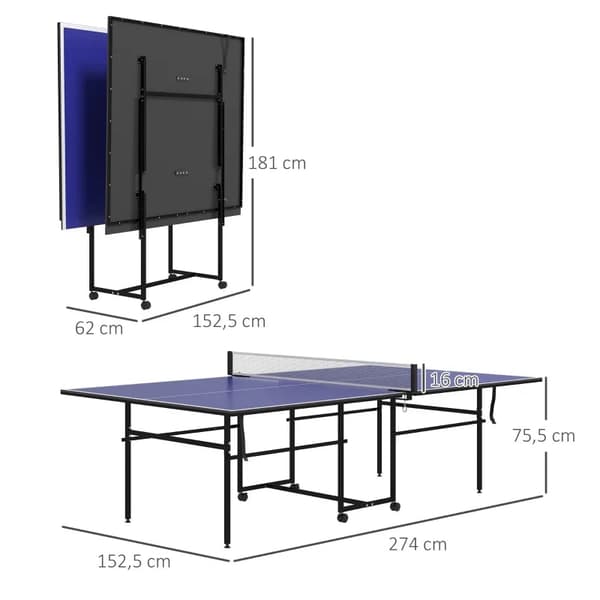 Rootz Bordtennis - Vattentät - Vikbar - 3 bollar - 2 racketar - Metallram - MDF - Stål - Blå - 274x152,5x76 Cm