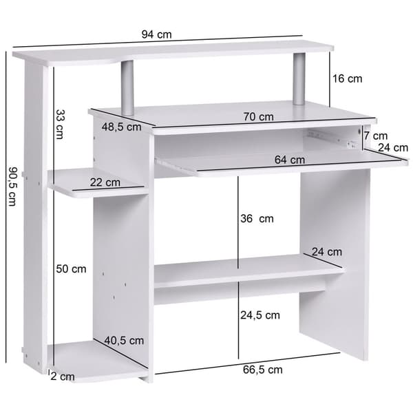 Rootzin moderni tietokonepöytä PC-hyllyllä - Kotitoimiston työpöytä - Ajaton muotoilu - Ulosvedettävä näppäimistö - Valkoinen - 94 cm x 90,5 cm x 48,5