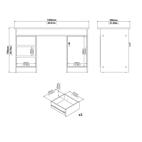 FunctionPlus skrivebord med lås 1 låge 3 skuffer eg dekor sort.