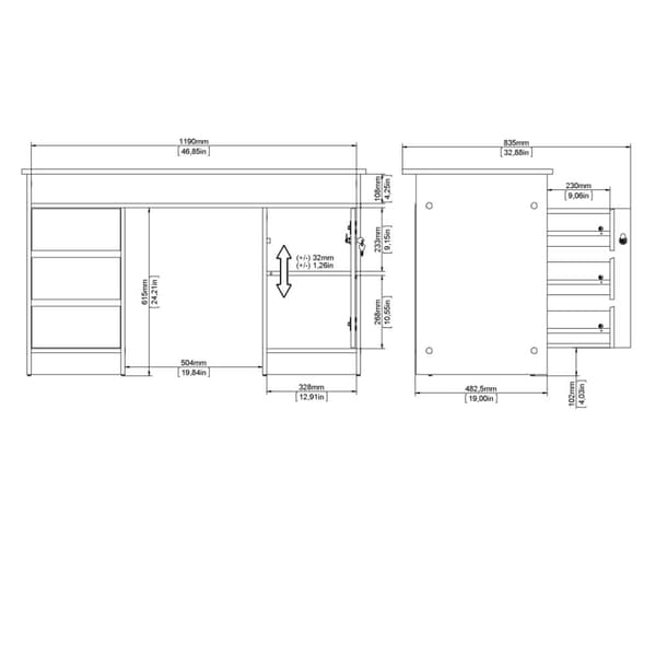 FunctionPlus skrivebord med lås 1 låge 3 skuffer eg dekor sort.