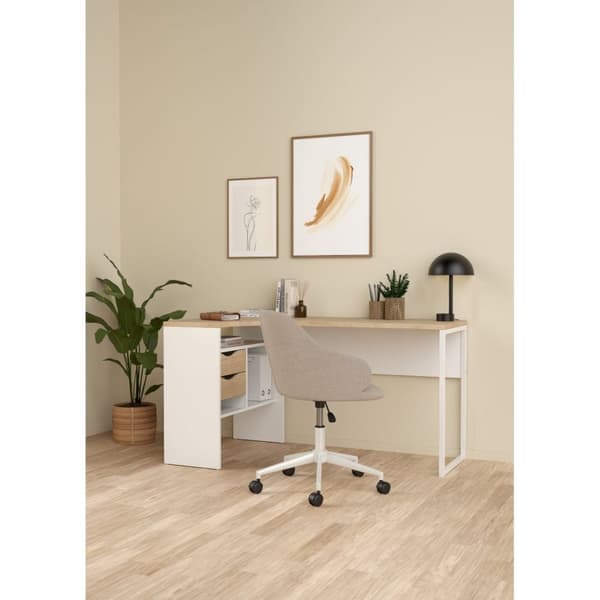 FunctionPlus skrivebord hjørne 3 hylder 2 skuffer valnød dekor hvid.