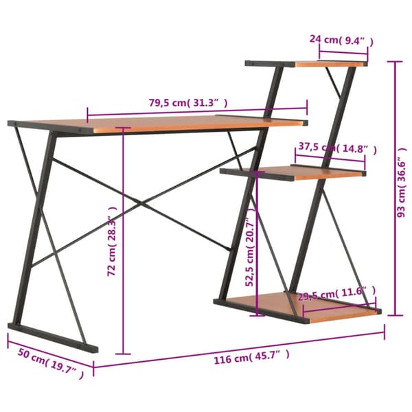 vidaXL Työpöytä hyllyllä musta ja ruskea 116x50x93 cm - Kirjoituspöydät