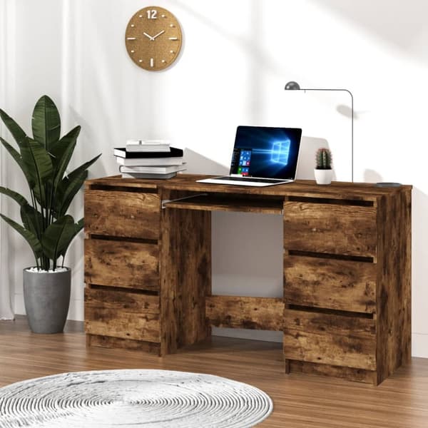 vidaXL skrivebord 140x50x77 cm konstrueret træ røget egetræsfarve -  Skriveborde
