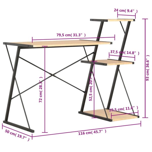 vidaXL Työpöytä hyllyllä musta ja tammi 116x50x93 cm -  Kirjoituspöydät