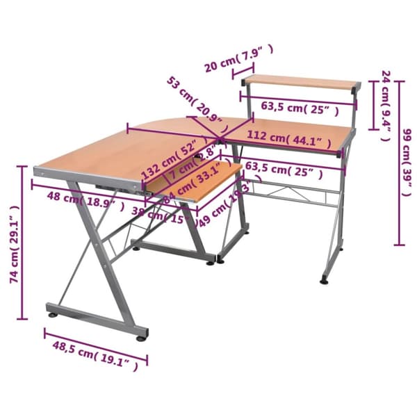 vidaXL computerbord til hjørne 132x112x99 cm konstrueret træ brun -  Skriveborde