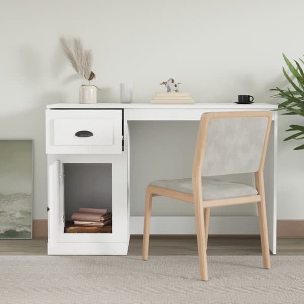 vidaXL Työpöytä laatikolla valkoinen 115x50x75 cm tekninen puu - Kirjoituspöydät