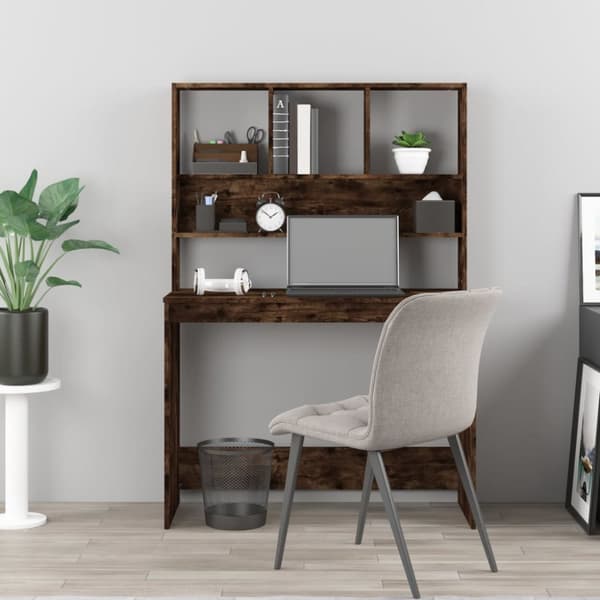 vidaXL skrivebord m. hylder 102x45x148 cm konstrueret træ Røget egetræ -  Skriveborde