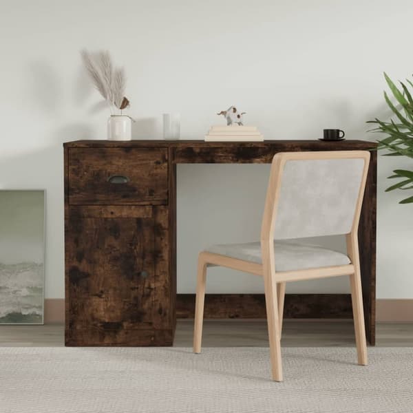 vidaXL Työpöytä laatikolla savutammi 115x50x75 cm tekninen puu - Kirjoituspöydät
