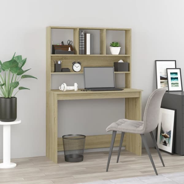 vidaXL skrivebord med hylder 102x45x148 cm konstrueret træ sonoma-eg -  Skriveborde