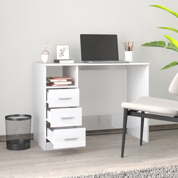 vidaXL skrivebord m. skuffe 102x50x76 cm konstrueret træ hvid højglans -  Skriveborde