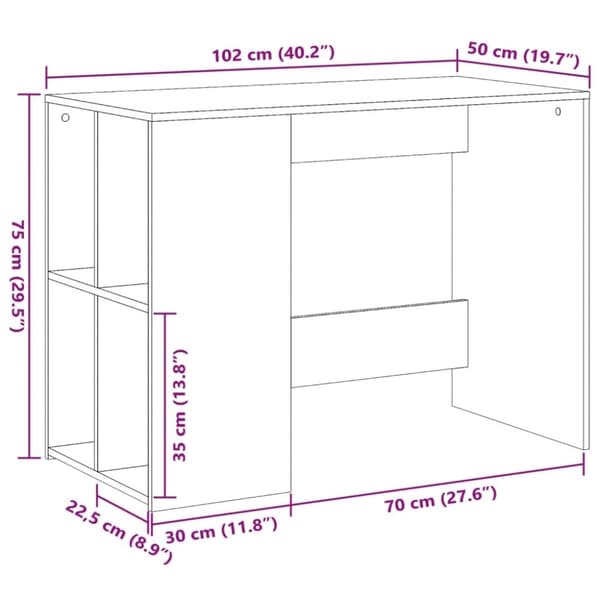 vidaXL skrivebord 102x50x75 cm konstrueret træ røget egetræsfarve