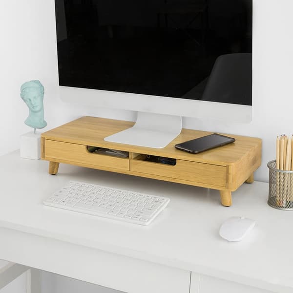 Rootz Bamboo Monitor Riser Stand med 2 skuffer - Skrivebordsorganisering - Tastaturopbevaring - Skridsikre fødder - Ergonomisk design - 56cm x 12cm x