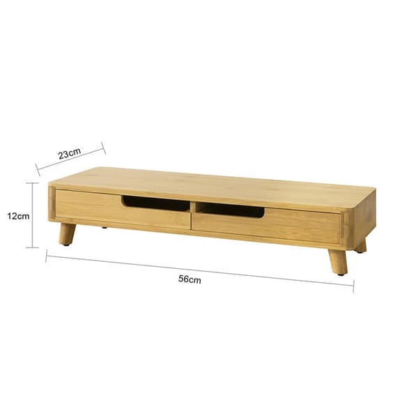 Rootz Bamboo Monitor Riser Stand med 2 skuffer - Skrivebordsorganisering - Tastaturopbevaring - Skridsikre fødder - Ergonomisk design - 56cm x 12cm x