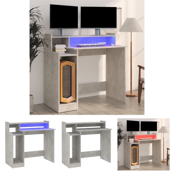 The Living Store Skrivbord med LED betonggrå 97x45x90 cm konstruerat trä - Skrivbord