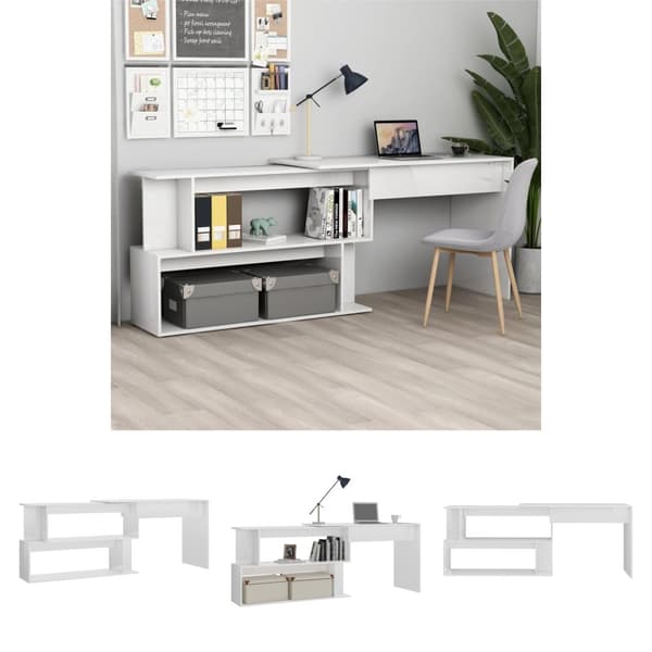 The Living Store Kulmapöytä korkeakiilto valkoinen 200x50x76 cm tekninen puu -  Kirjoituspöydät