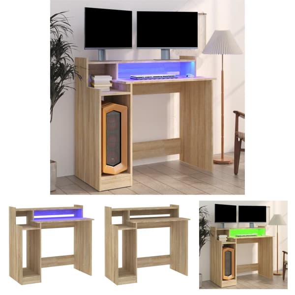 The Living Store Työpöytä LED-valoilla Sonoma-tammi 97x45x90 cm tekninen puu - Kirjoituspöydät