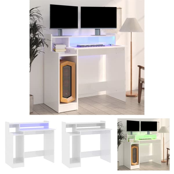 The Living Store skrivebord m. LED-lys 97x45x90 cm konstrueret træ hvid højglans -  Skriveborde