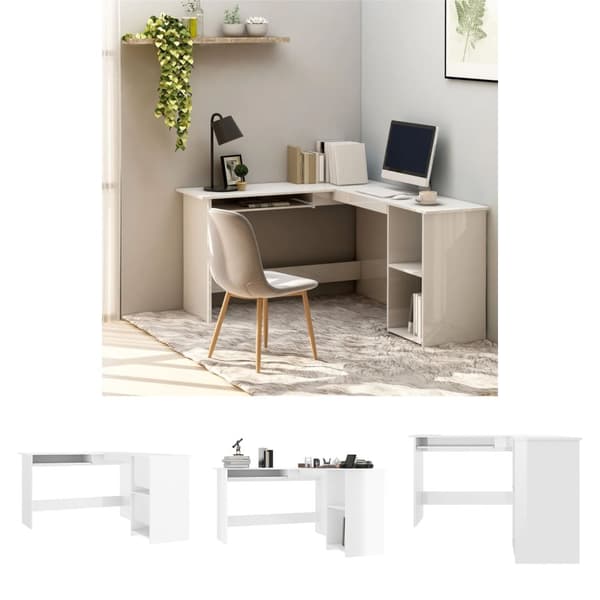 The Living Store Skrivbord L-format vit högglans 120x140x75 cm konstruerat trä - Skrivbord