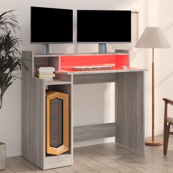 The Living Store Työpöytä LED-valoilla harmaa Sonoma 97x45x90 cm tekninen puu - Kirjoituspöydät