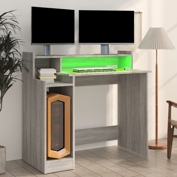 The Living Store Työpöytä LED-valoilla harmaa Sonoma 97x45x90 cm tekninen puu - Kirjoituspöydät