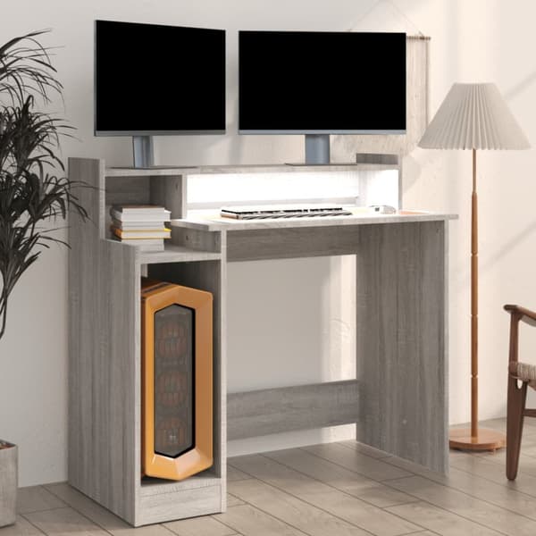 The Living Store Työpöytä LED-valoilla harmaa Sonoma 97x45x90 cm tekninen puu - Kirjoituspöydät