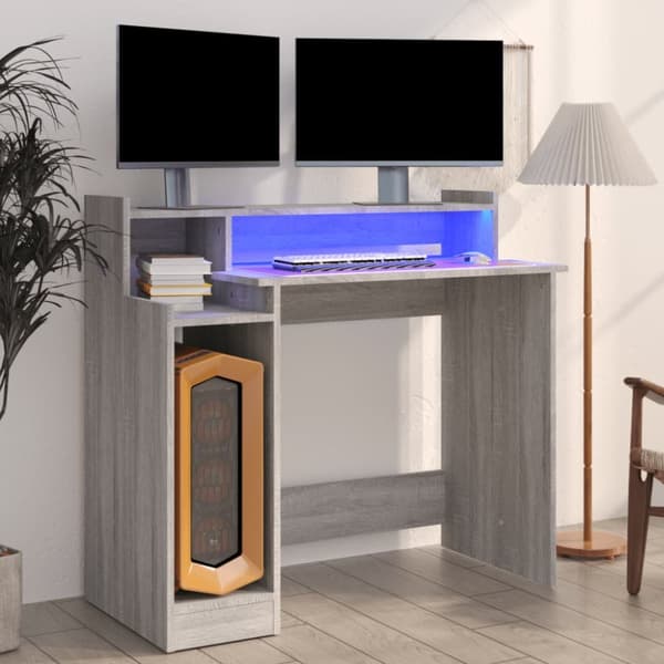The Living Store Työpöytä LED-valoilla harmaa Sonoma 97x45x90 cm tekninen puu - Kirjoituspöydät