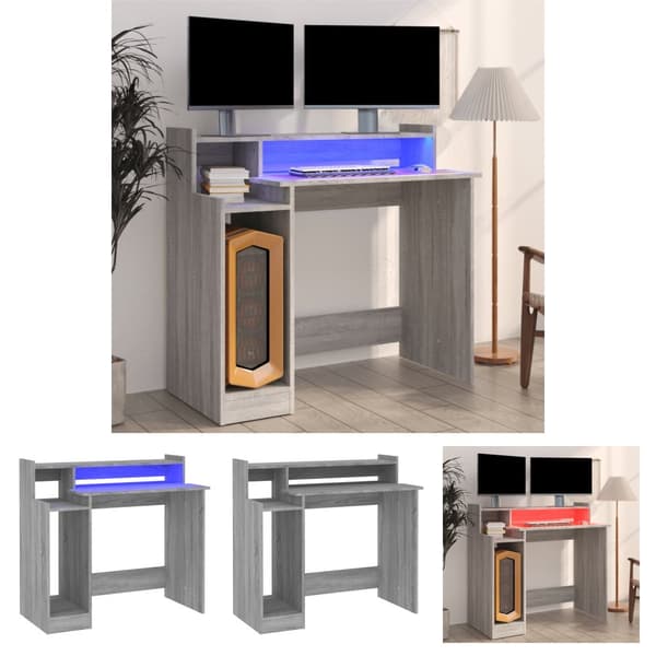 The Living Store Työpöytä LED-valoilla harmaa Sonoma 97x45x90 cm tekninen puu - Kirjoituspöydät