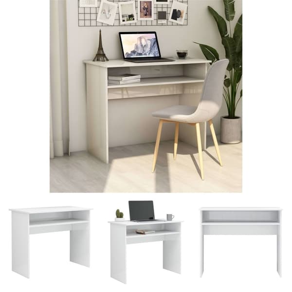 The Living Store skrivebord 90x50x74 cm konstrueret træ hvid højglans -  Skriveborde